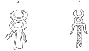 FIG. 135. CADUCÉES LIBYQUES. (A. W. S. VAUX. Phœnician inscript., pi. i., fig. 2, and pl. vii., fig. 20.)